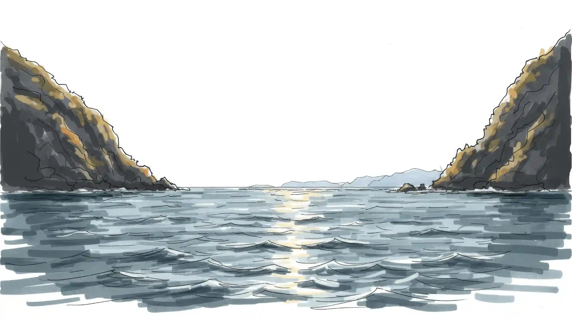 
              Illustration of two rocky cliffs with water in the foreground
            