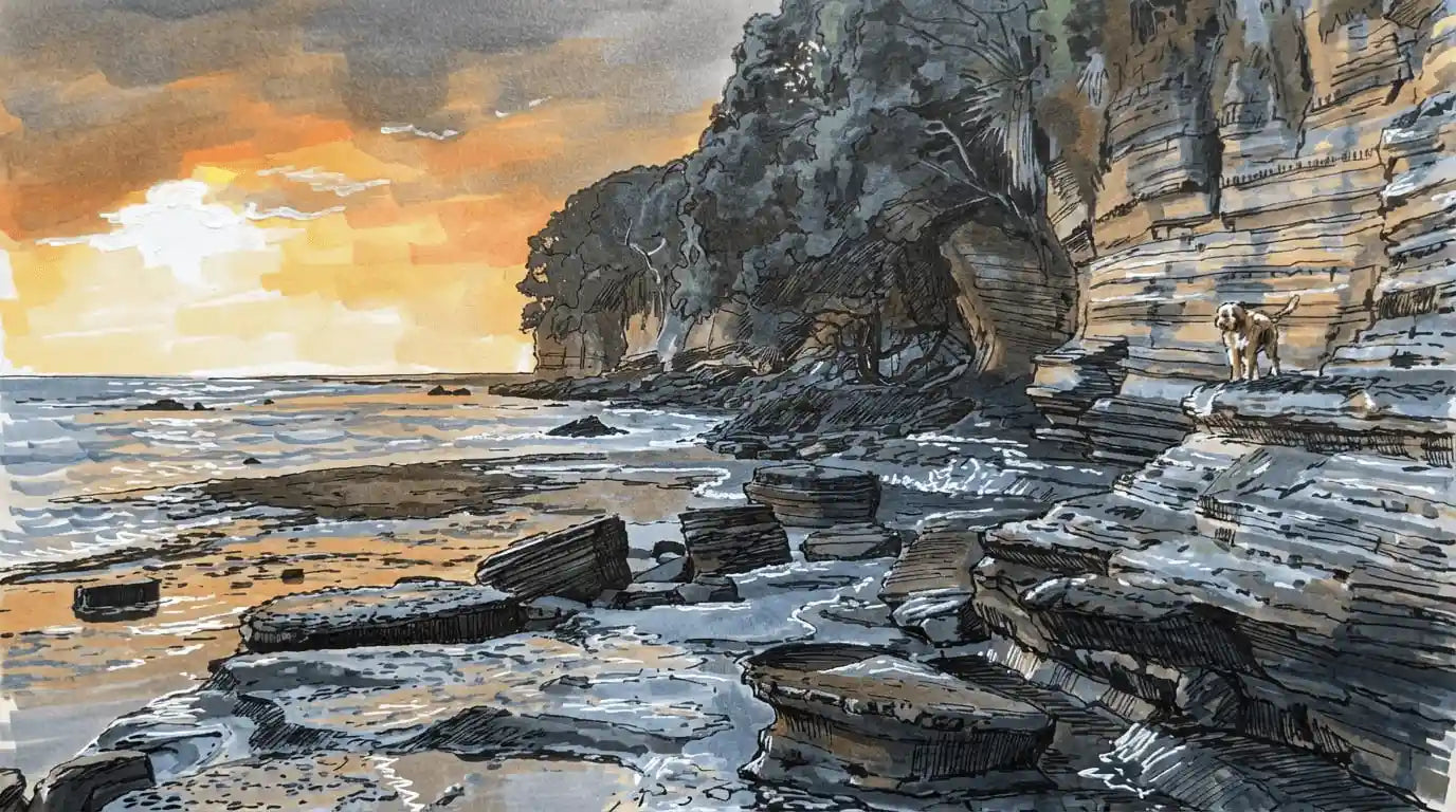 Stylized painting of a coastal landscape with cliffs, a dog and a sunset.
        