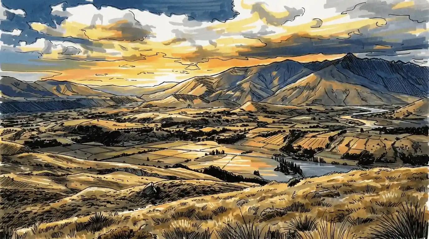 Scenic landscape illustration with mountains and valleys during sunset.